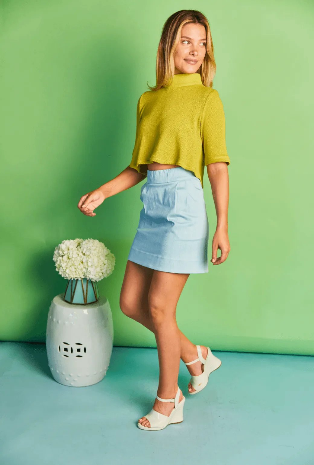 SAMPLE - Maggie Mini Skirt - Aqua Faille