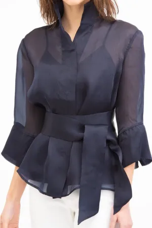 SANDRI BELTED SILK ORGANZA BLOUSE MIDNIGHT NAVY