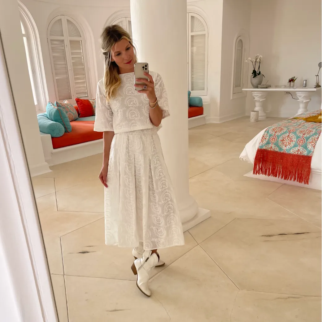 Smocked Waist MIDI Skirt - White Embroidery