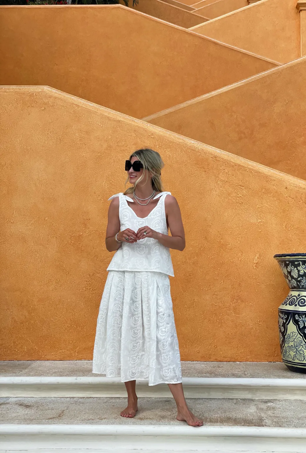 Smocked Waist MIDI Skirt - White Embroidery