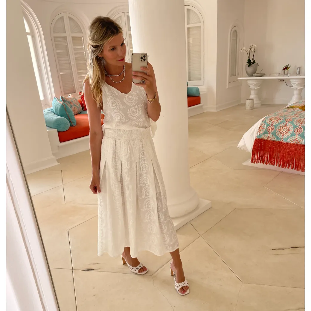 Smocked Waist MIDI Skirt - White Embroidery