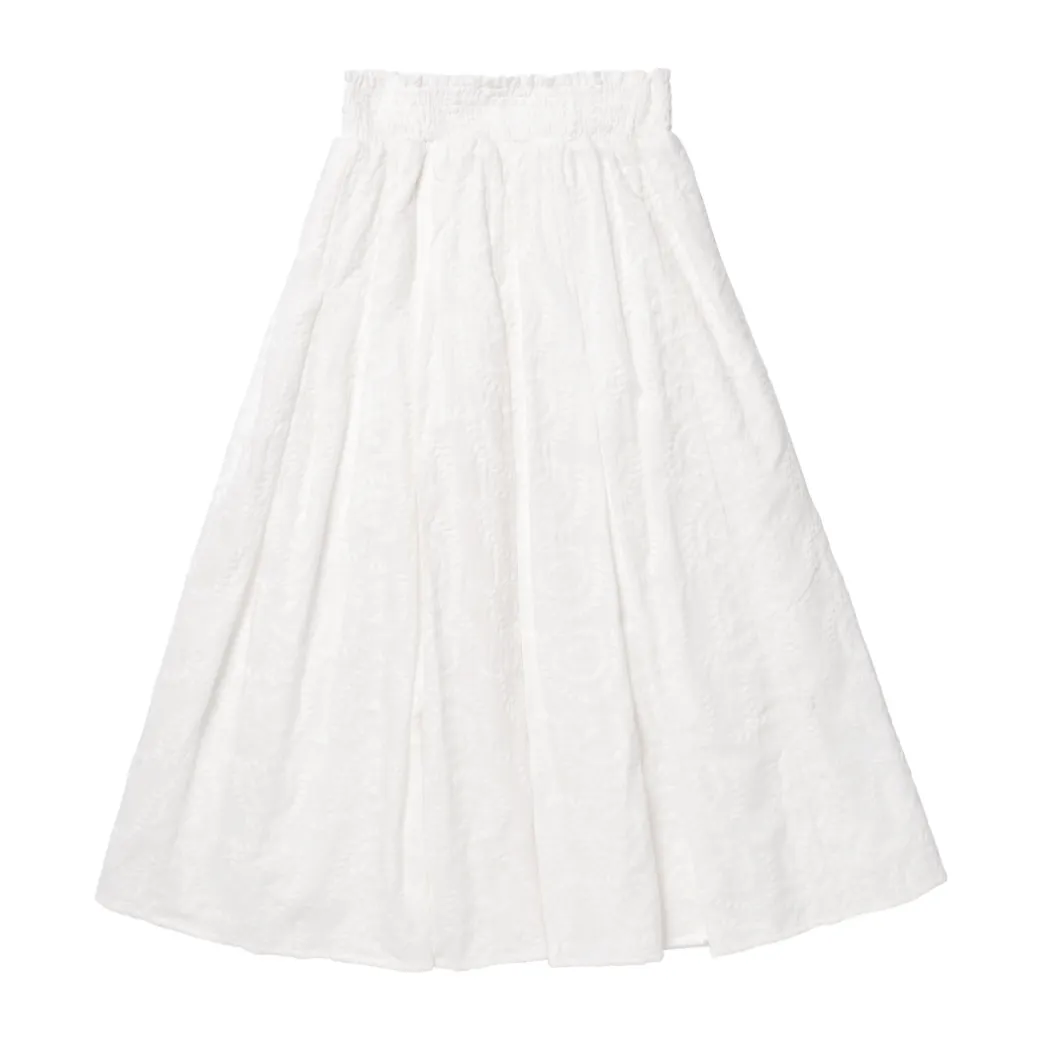 Smocked Waist MIDI Skirt - White Embroidery
