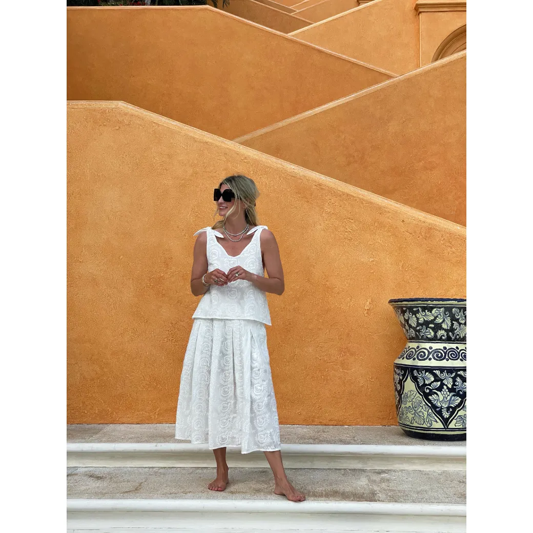 Smocked Waist MIDI Skirt - White Embroidery