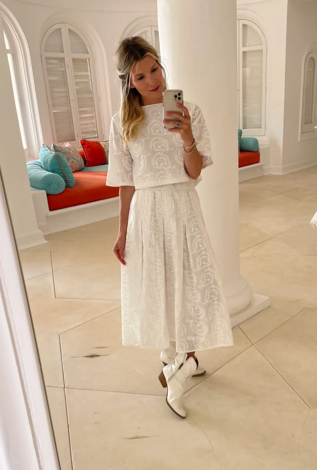 Smocked Waist MIDI Skirt - White Embroidery