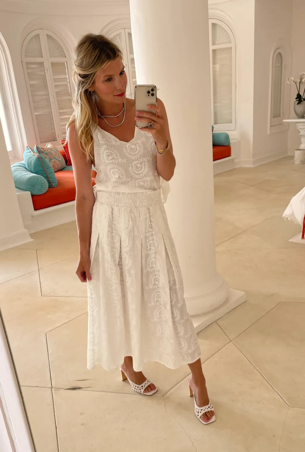 Smocked Waist MIDI Skirt - White Embroidery