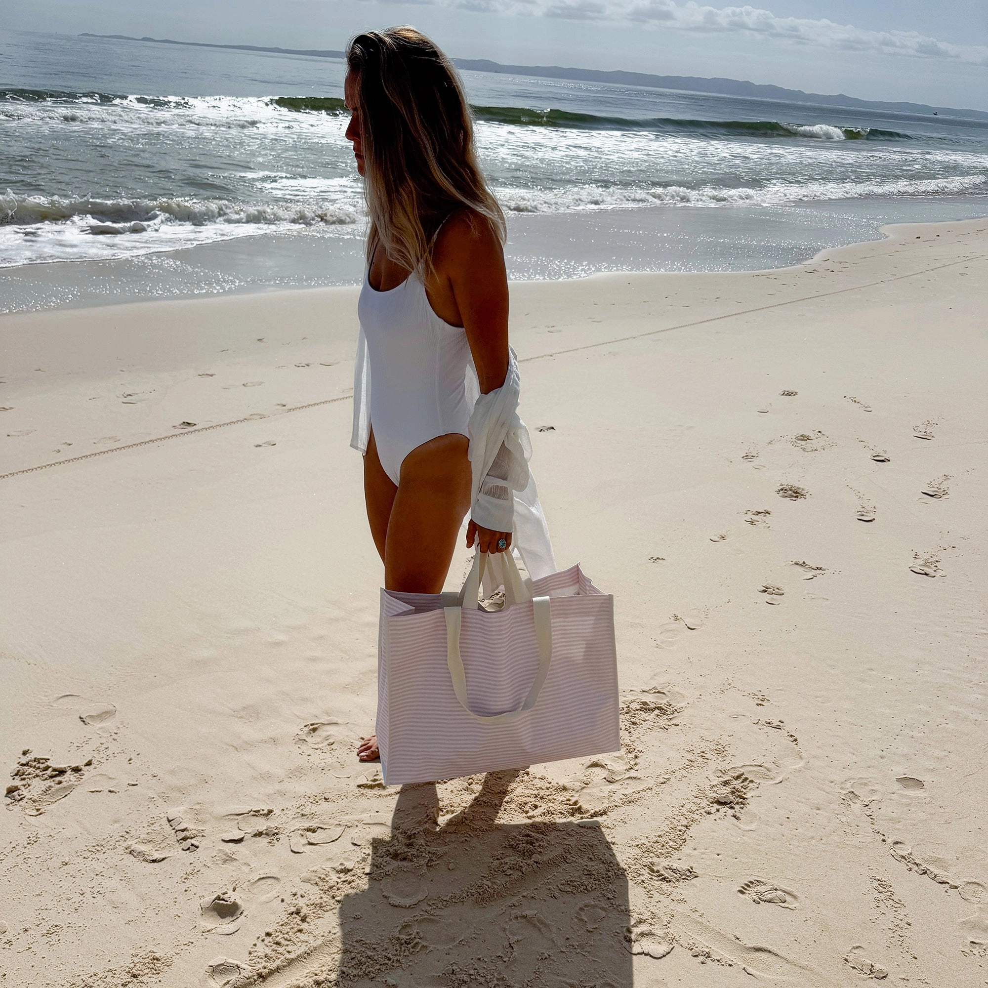 Sunnylife Carryall Beach Bag Lazy Days Pink Stripe - Oversized Waterproof Tote